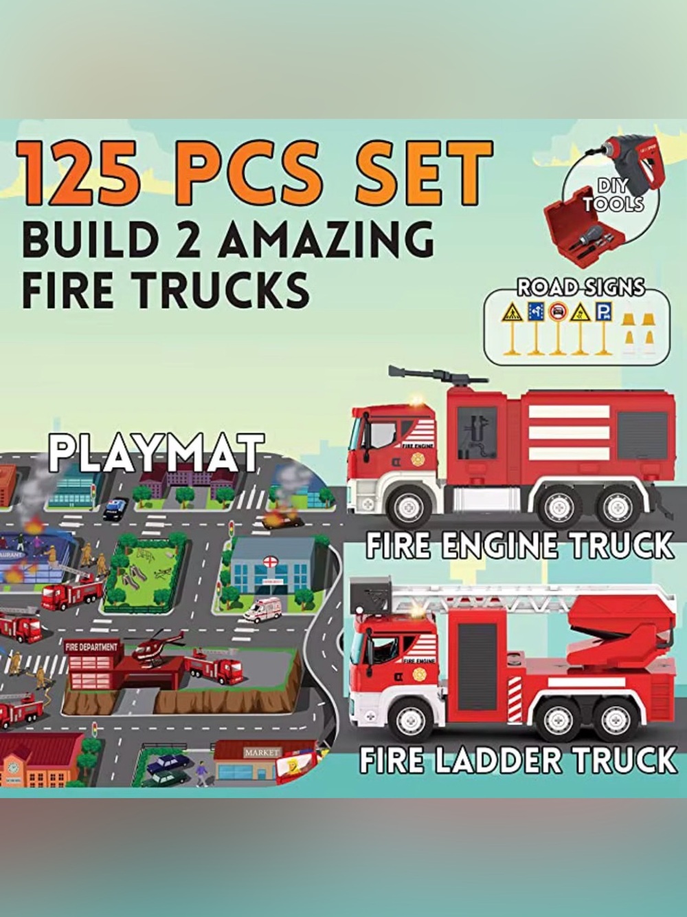 NEW! MÖBIUS 125-Piece Red Kids Fire Truck Playset with Playmat